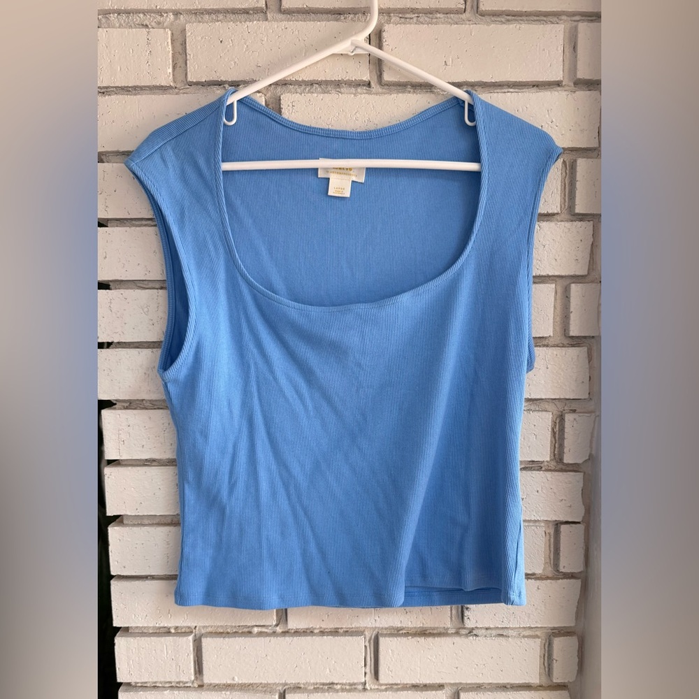 Anthropologie Maeve Blue Ribbed Knit Tank ‎ Size Large Scoop Neck Stretch Casual